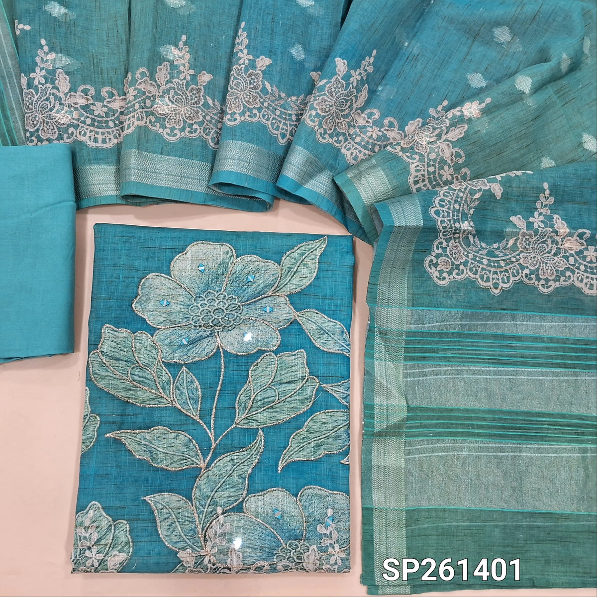 Blue dual shaded premium semi linen unstitched salwar material, digital prints wirh embroidery and real mirror work (Textured, Lining Needed)matching santoon bottom, digital printed premium semi linen dupatta with zari buttas. SP261401