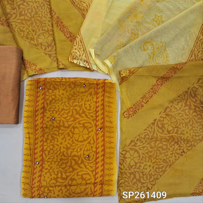 Light and Dark Mehandhi Yellow  handblock printed dual shaded semi georgette unstitched salwar material, faux mirror work on front (Thin, Lining Needed)matching silk cotton bottom, dual shaded fancy chiffon dupatta. SP261409