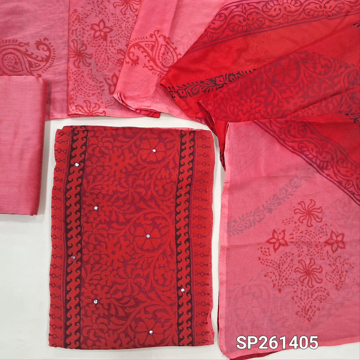 Maroon and peachish pink handblock printed dual shaded semi georgette unstitched salwar material, faux mirror work on front (Thin, Lining Needed)matching silk cotton bottom, dual shaded fancy chiffon dupatta. SP261405