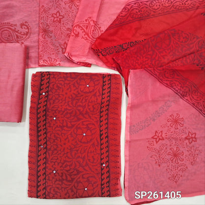Maroon and peachish pink handblock printed dual shaded semi georgette unstitched salwar material, faux mirror work on front (Thin, Lining Needed)matching silk cotton bottom, dual shaded fancy chiffon dupatta. SP261405