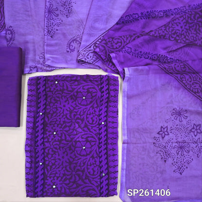 Light and dark purple handblock printed dual shaded semi georgette unstitched salwar material, faux mirror work on front (Thin, Lining Needed)matching silk cotton bottom, dual shaded fancy chiffon dupatta. SP261406