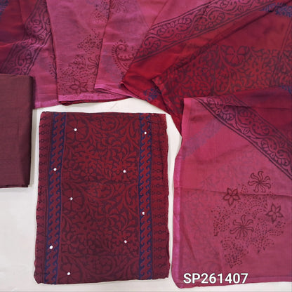 Dark maroon and pink handblock printed dual shaded semi georgette unstitched salwar material, faux mirror work on front (Thin, Lining Needed)matching silk cotton bottom, dual shaded fancy chiffon dupatta. SP261407