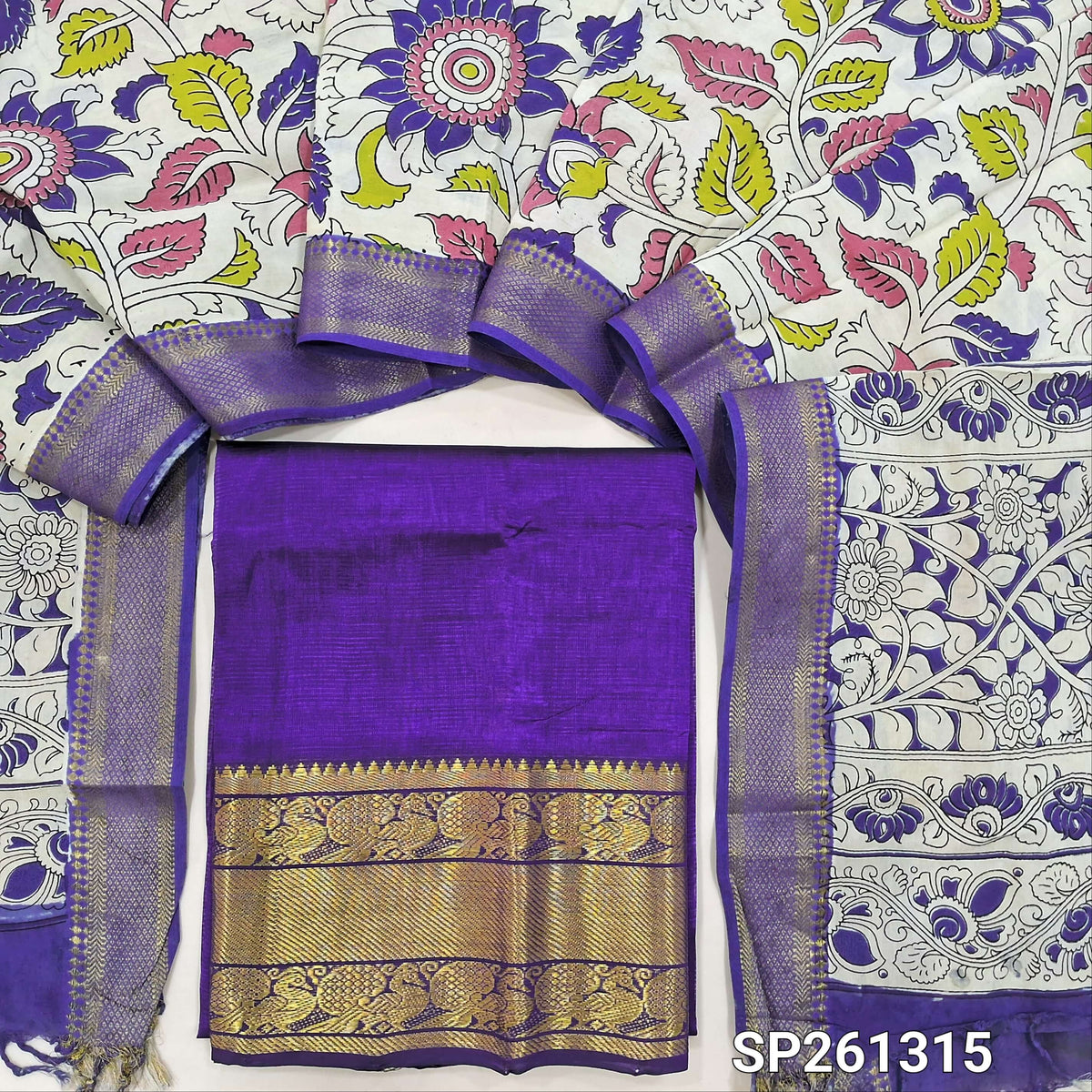 Purple pure mangalgiri silk unstitched salwar material, rich gold zari woven borders (Lining Needed) NO BOTTOM, pen kalamkari chennuri silk dupatta with nizam borders. INCONSITENCY IN DYES AND STAINS ARE NOT DEFECTS.. SP261315
