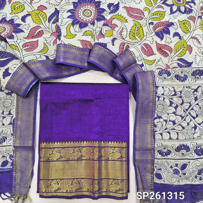 Purple pure mangalgiri silk unstitched salwar material, rich gold zari woven borders (Lining Needed) NO BOTTOM, pen kalamkari chennuri silk dupatta with nizam borders. INCONSITENCY IN DYES AND STAINS ARE NOT DEFECTS.. SP261315