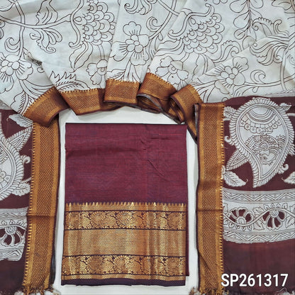 Maroon pure mangalgiri silk unstitched salwar material, rich gold zari woven borders (Lining Needed) NO BOTTOM, pen kalamkari chennuri silk dupatta with nizam borders. INCONSITENCY IN DYES AND STAINS ARE NOT DEFECTS.. SP261317