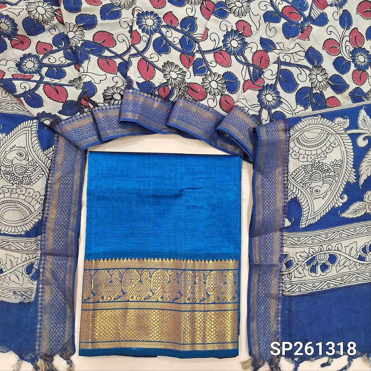 Blue pure mangalgiri silk unstitched salwar material, rich gold zari woven borders (Lining Needed) NO BOTTOM, pen kalamkari chennuri silk dupatta with nizam borders. INCONSITENCY IN DYES AND STAINS ARE NOT DEFECTS.. SP261318