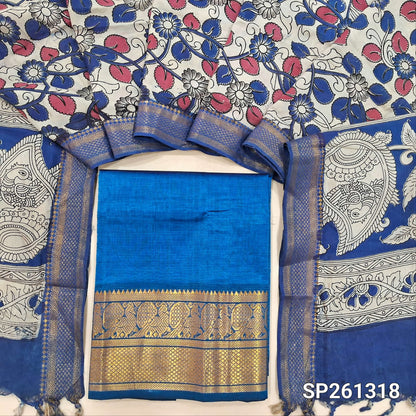 Blue pure mangalgiri silk unstitched salwar material, rich gold zari woven borders (Lining Needed) NO BOTTOM, pen kalamkari chennuri silk dupatta with nizam borders. INCONSITENCY IN DYES AND STAINS ARE NOT DEFECTS.. SP261318