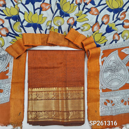 Orange pure mangalgiri silk unstitched salwar material, rich gold zari woven borders (Lining Needed) NO BOTTOM, pen kalamkari chennuri silk dupatta with nizam borders. INCONSITENCY IN DYES AND STAINS ARE NOT DEFECTS.. SP261316