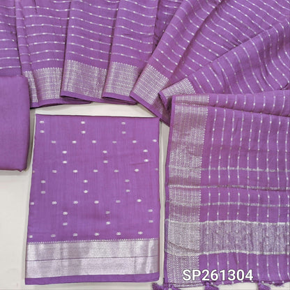 PREORDER SHIPPING IN 20 DAYS Designer Light Purple premium uppada silk unstitched salwar material, zari weaving all over (Thin, Lining Needed)matching silky bottom, uppada silk dupatta with zari weaving all over and borders. SP261304