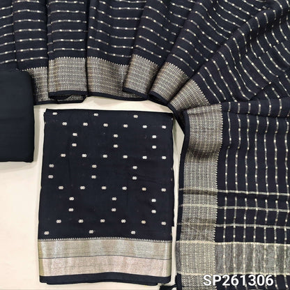 PREORDER SHIPPING IN 20 DAYS Designer Black premium uppada silk unstitched salwar material, zari weaving all over (Thin, Lining Needed)matching silky bottom, uppada silk dupatta with zari weaving all over and borders. SP261306