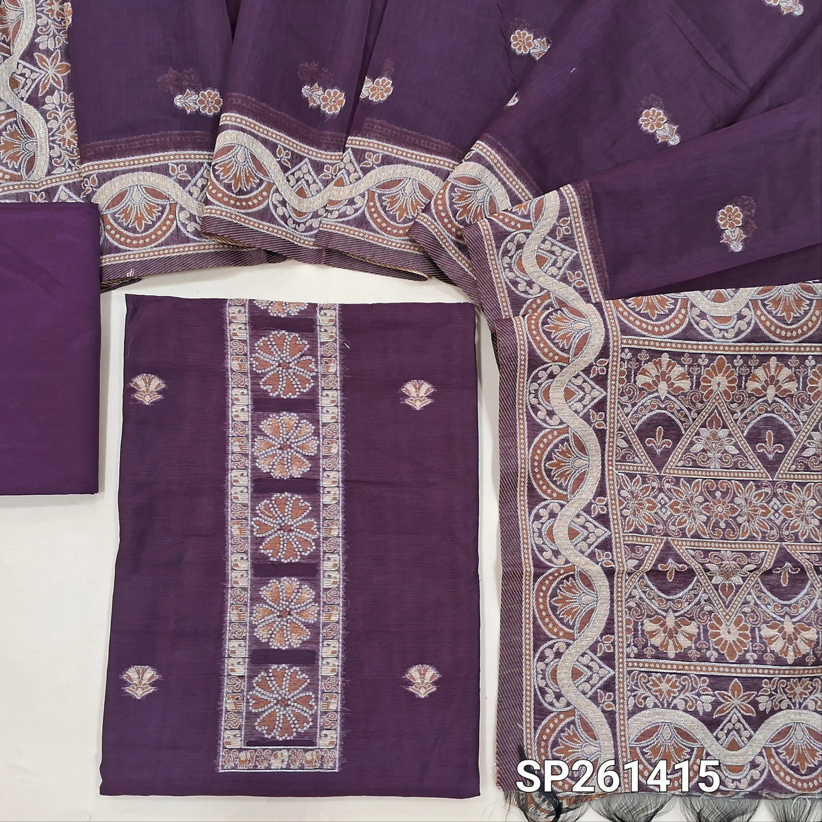 Dark purple soft silk cotton unstitched salwar material, thread weaving on yoke and daman (Lightweight, Thin, Lining Needed)matching silky bottom, silk cotton dupatta with thread weaving & borders. SP261415