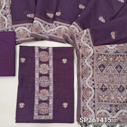 Dark purple soft silk cotton unstitched salwar material, thread weaving on yoke and daman (Lightweight, Thin, Lining Needed)matching silky bottom, silk cotton dupatta with thread weaving & borders. SP261415