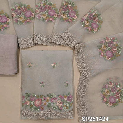 Designer light greyish beige pure crinkled organza unstitched salwar material, rich embroidery on front and daman (Thin, Lining Needed)matching silky bottom, crinkled organza dupatta with rich embroidery and scallop edges.  SP261424