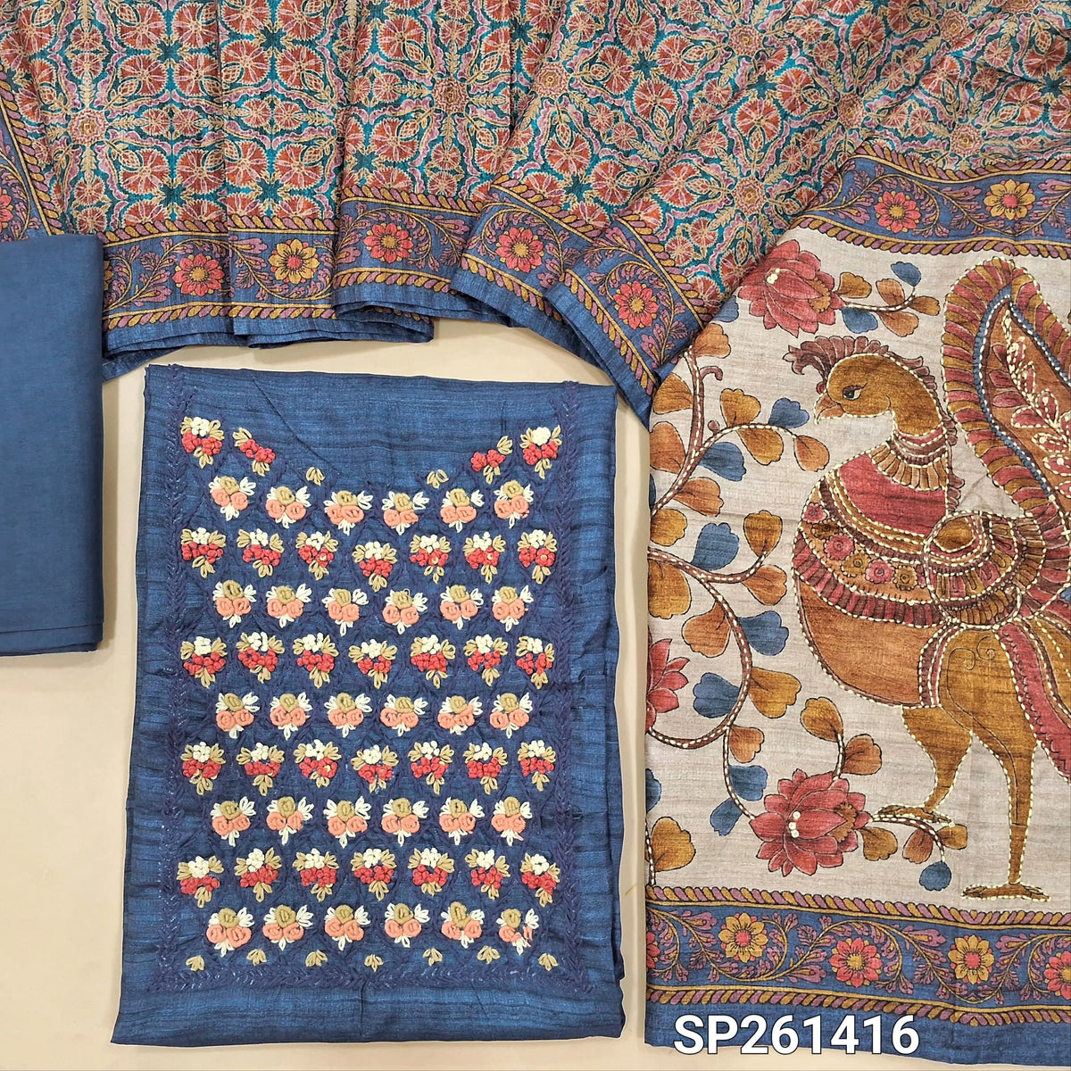 Dark blue designer tussar silk unstitched salwar material, hand embrodiery on yoke (Lightweight, Textured, Lining Needed)macthing santoon bottom, digital printed tussar silk dupatta with hand embroidery and sequins work. SP261416