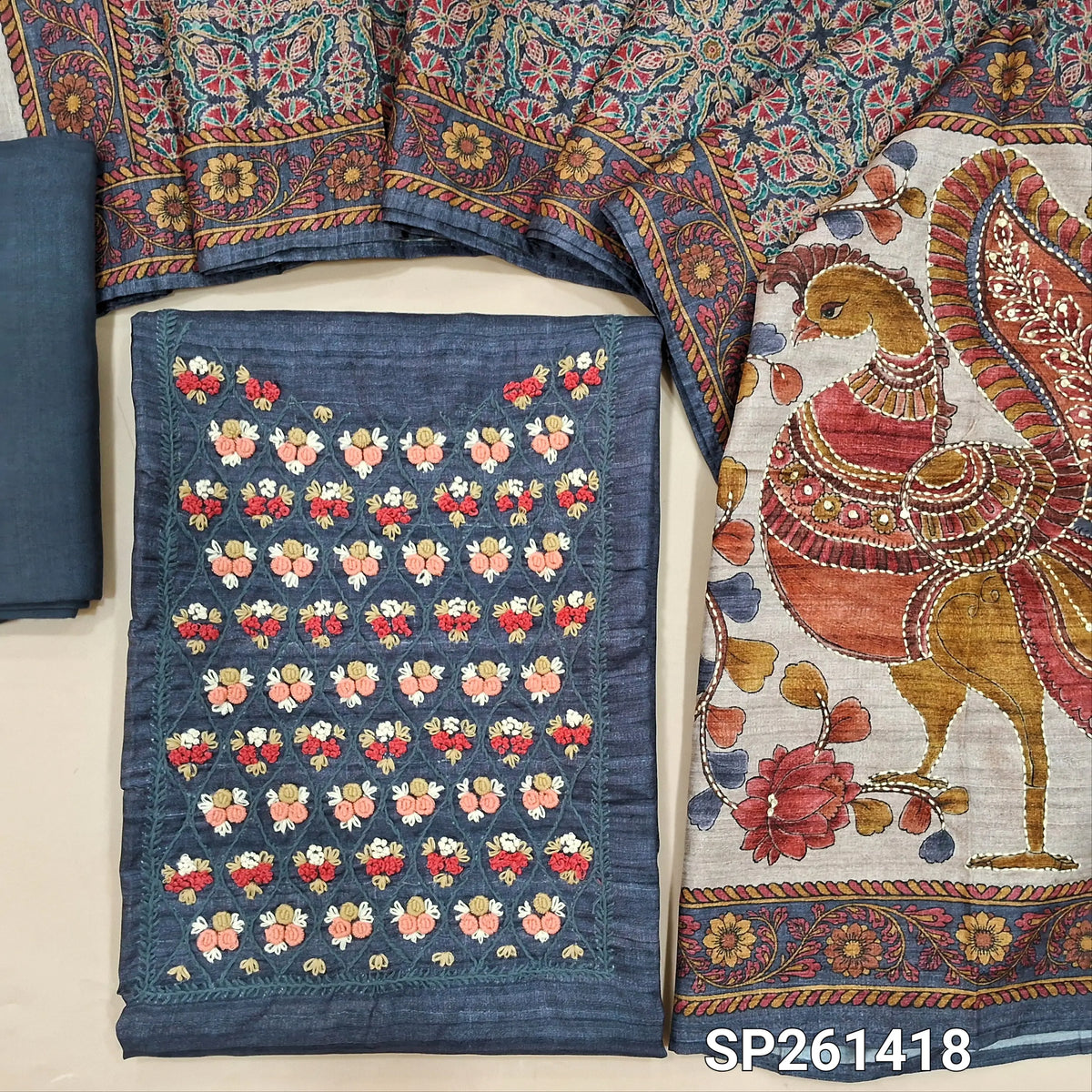 Grey designer tussar silk unstitched salwar material, hand embrodiery on yoke (Lightweight, Textured, Lining Needed)macthing santoon bottom, digital printed tussar silk dupatta with hand embroidery and sequins work. SP261418
