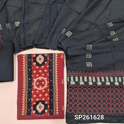 Maroon premium handloom cotton unstitched salwar material, batik and schiffli work on yoke, thread weaving all over,macthing cotton bottom, blokc printed kota cotton dupatta. SP261628