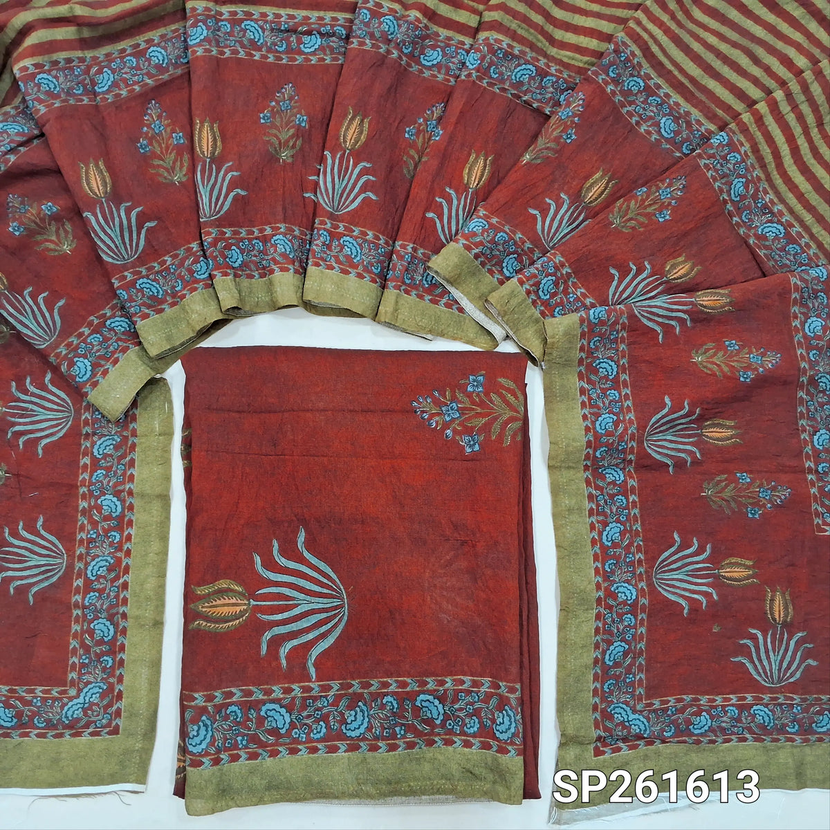 Maroon printed mogra chanderi unstitched salwar material (Crinkled, Lining Needed) No Bottom, digital printed mogra chanderi dupatta. TAPINGS NEEDED. SP261613
