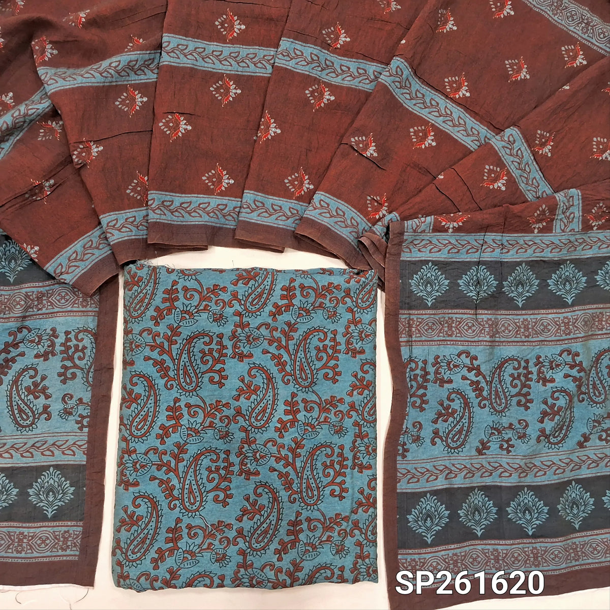 Pastel blue digital printed mogra chanderi unstitched salwar material (Crinkled, Lining Needed) No Bottom, digital printed mogra chanderi dupatta. TAPINGS NEEDED. SP261620