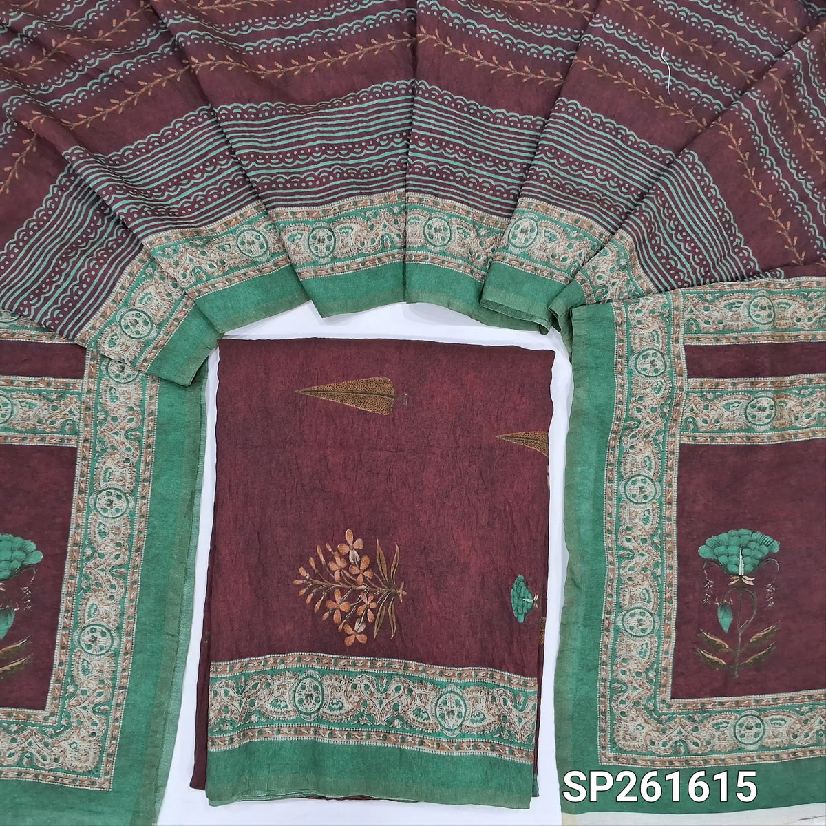 Dark maroon printed mogra chanderi unstitched salwar material (Crinkled, Lining Needed) No Bottom, digital printed mogra chanderi dupatta. TAPINGS NEEDED. SP261615