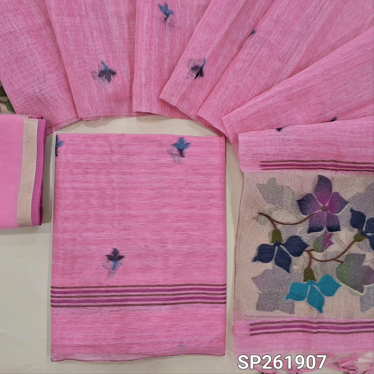 Pastel pink tussar jamdani unstitched salwar material , thread weaving all over,(Thin, Lining Needed)silk cototn bottom,  tussar jamani dupatta with tissue pallu with rich weaving. SP261907