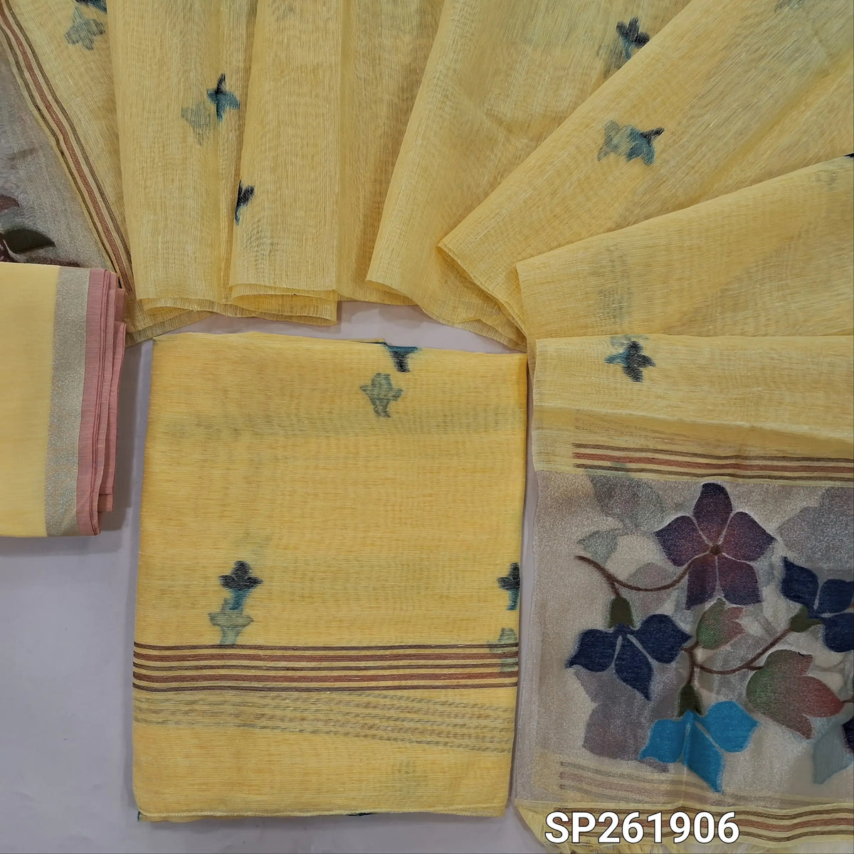 Pastel yellow tussar jamdani unstitched salwar material , thread weaving all over,(Thin, Lining Needed)silk cototn bottom,  tussar jamani dupatta with tissue pallu with rich weaving. SP261906