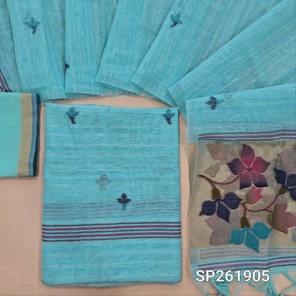 Pastel blue tussar jamdani unstitched salwar material , thread weaving all over,(Thin, Lining Needed)silk cototn bottom,  tussar jamani dupatta with tissue pallu with rich weaving. SP261905