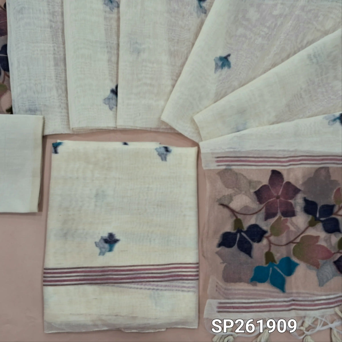 Off white tussar jamdani unstitched salwar material , thread weaving all over,(Thin, Lining Needed)silk cototn bottom,  tussar jamani dupatta with tissue pallu with rich weaving. SP261909