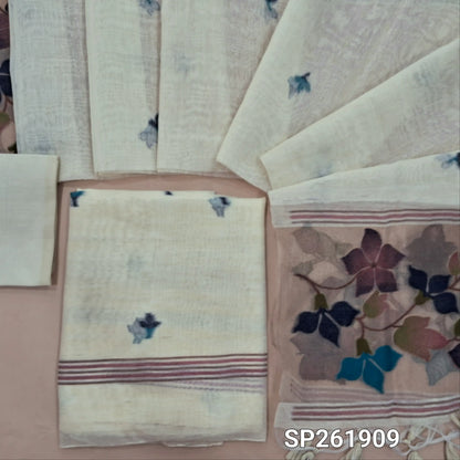Off white tussar jamdani unstitched salwar material , thread weaving all over,(Thin, Lining Needed)silk cototn bottom,  tussar jamani dupatta with tissue pallu with rich weaving. SP261909