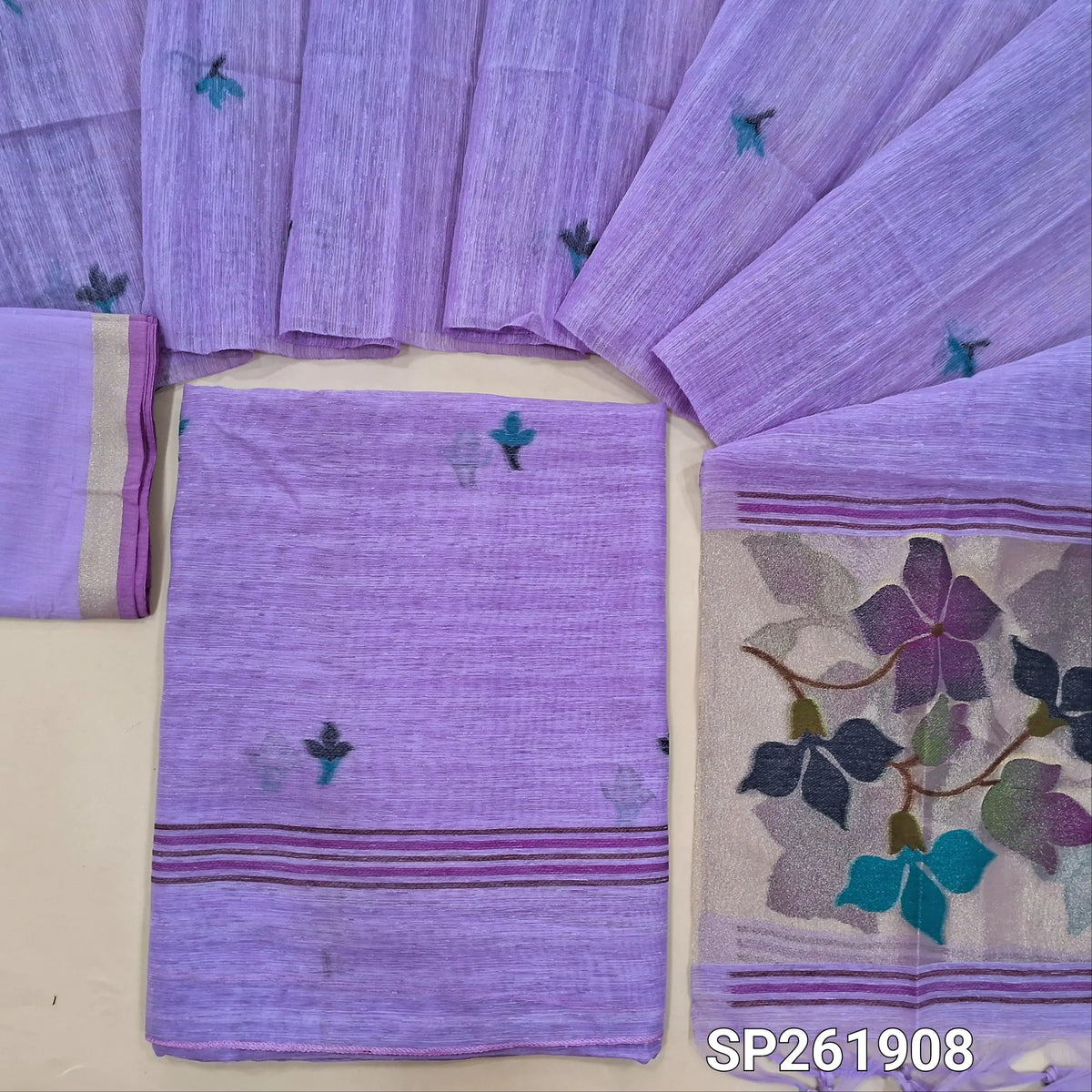 Lavender tussar jamdani unstitched salwar material , thread weaving all over,(Thin, Lining Needed)silk cototn bottom,  tussar jamani dupatta with tissue pallu with rich weaving. SP261908