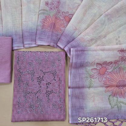Light purple linen unstitched salwar material, cutwork on yoke with thread embroidery (Thin, Lining Needed)matching silky bottom, semi linen digital printed dupatta with tassels. SP261713