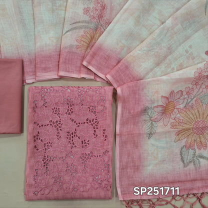 Pastel pink linen unstitched salwar material, cutwork on yoke with thread embroidery (Thin, Lining Needed)matching silky bottom, semi linen digital printed dupatta with tassels. SP261711