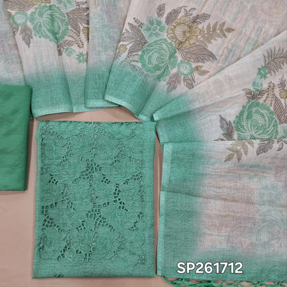 Light turquoise green linen unstitched salwar material, cutwork on yoke with thread embroidery (Thin, Lining Needed)matching silky bottom, semi linen digital printed dupatta with tassels. SP261712