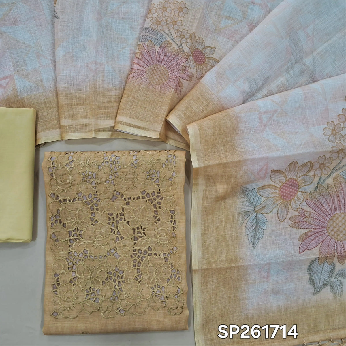 Pastel yellow linen unstitched salwar material, cutwork on yoke with thread embroidery (Thin, Lining Needed)matching silky bottom, semi linen digital printed dupatta with tassels. SP261714