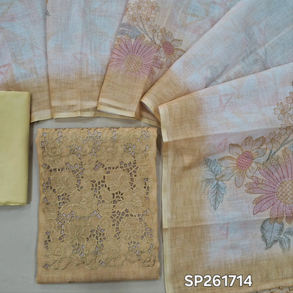 Pastel yellow linen unstitched salwar material, cutwork on yoke with thread embroidery (Thin, Lining Needed)matching silky bottom, semi linen digital printed dupatta with tassels. SP261714