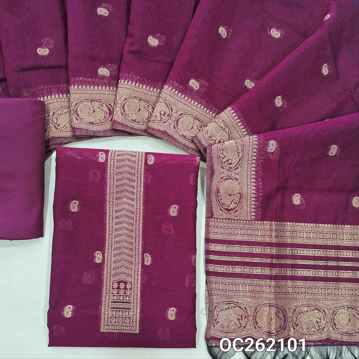 Beetroot purple benarasi zari woven silk cotton unstitched salwar material, zari buttas all over,weaving on yoke, rich daman, (Lining Needed) silky bottom,zari buttas silk cotton dupatta with rich pallu and borders. OC262101