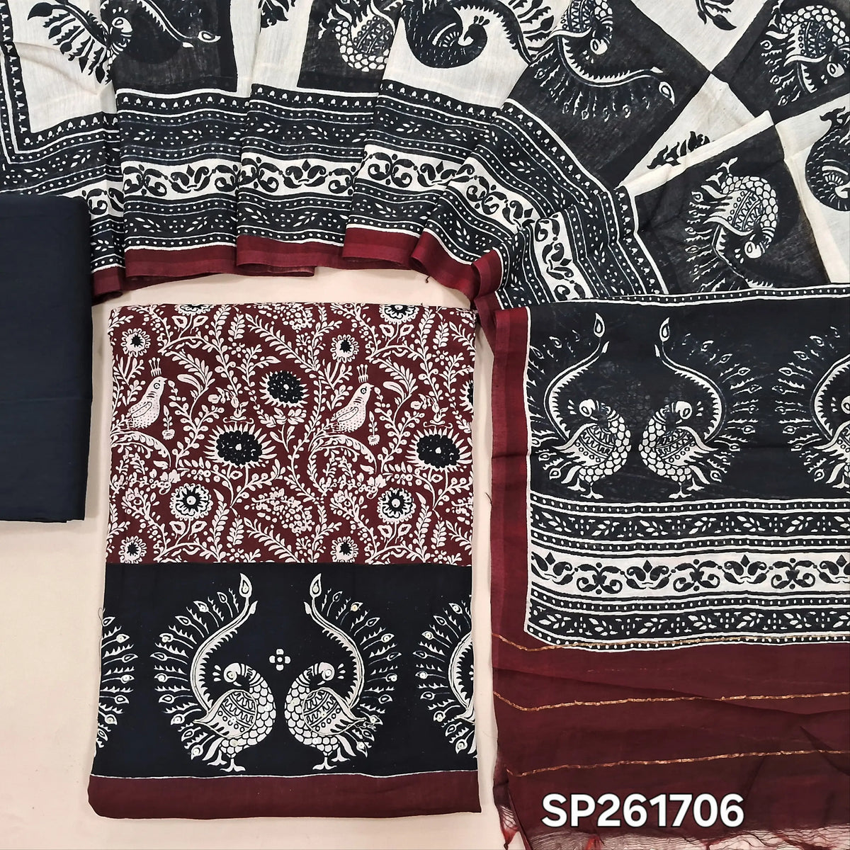 Dark maroon soft cotton unstitched salwar material, digital printed (Soft, Lining Optional)contrast cotton bottom, fancy silk cotton dupatta with digital prints. SP261706