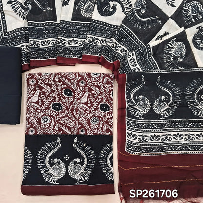 Dark maroon soft cotton unstitched salwar material, digital printed (Soft, Lining Optional)contrast cotton bottom, fancy silk cotton dupatta with digital prints. SP261706