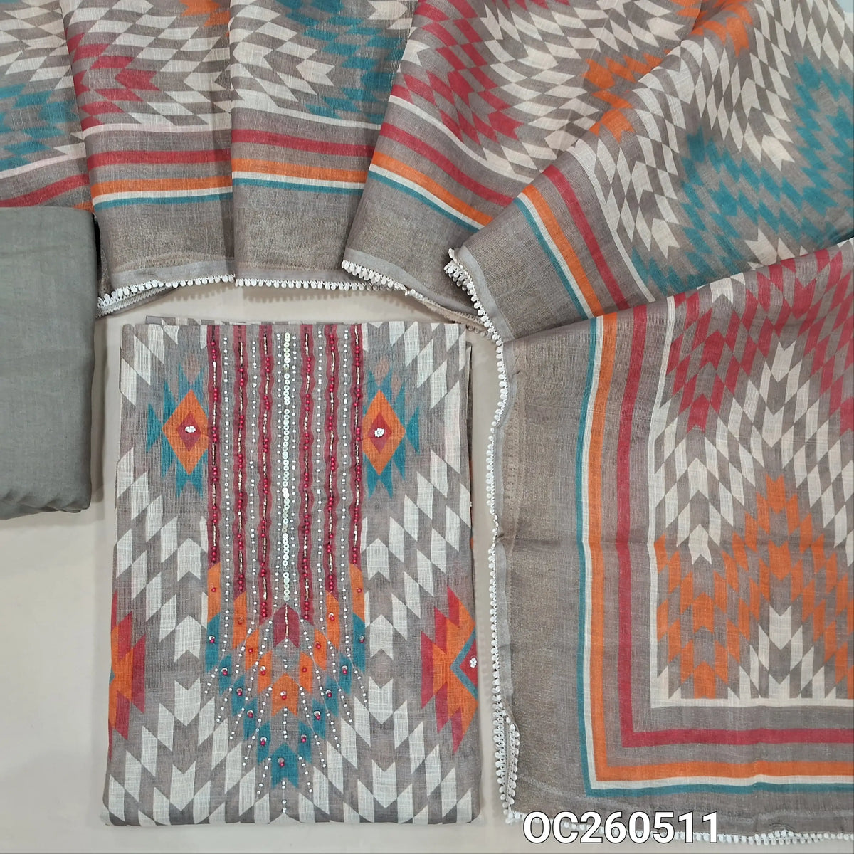 Grey with golden tint tissue linen unstitched salwar material,bead, sequins and zardosi on yoke,printed all over,( lining needed)santoon bottom,printed tissue linen dupatta with lace tapping. OC260511