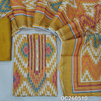 Mehandhi yellow with golden tint tissue linen unstitched salwar material,bead, sequins and zardosi on yoke,printed all over,( lining needed)santoon bottom,printed tissue linen dupatta with lace tapping. OC260510