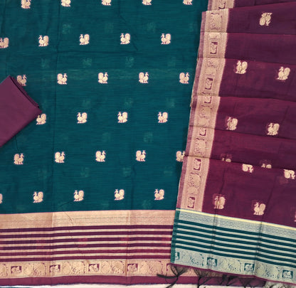 PRE ORDER SHIPPING AFTER 1 WEEK Dark teal blue with rani pink silk cotton benarasi zari woven unstitched salwar material, zari weaving on daman and front (Lightweight, Lining Needed)silk cotton bottom, zari wove silk cotton dupatta. SP261704