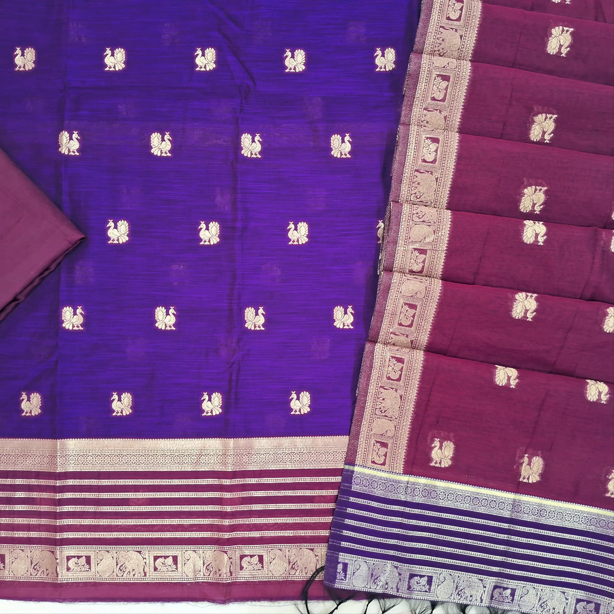 PRE ORDER SHIPPING AFTER 1 WEEK Purple with rani pink silk cotton benarasi zari woven unstitched salwar material, zari weaving on daman and front (Lightweight, Lining Needed)silk cotton bottom, zari wove silk cotton dupatta. SP261703