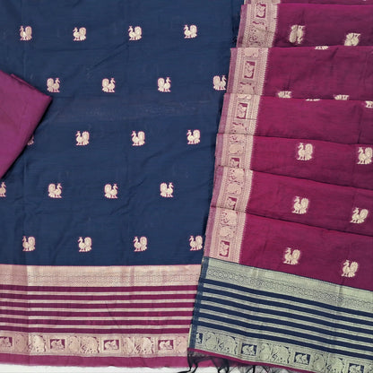 PRE ORDER SHIPPING AFTER 1 WEEK Navy blue with rani pink silk cotton benarasi zari woven unstitched salwar material, zari weaving on daman and front (Lightweight, Lining Needed)silk cotton bottom, zari wove silk cotton dupatta. SP261705