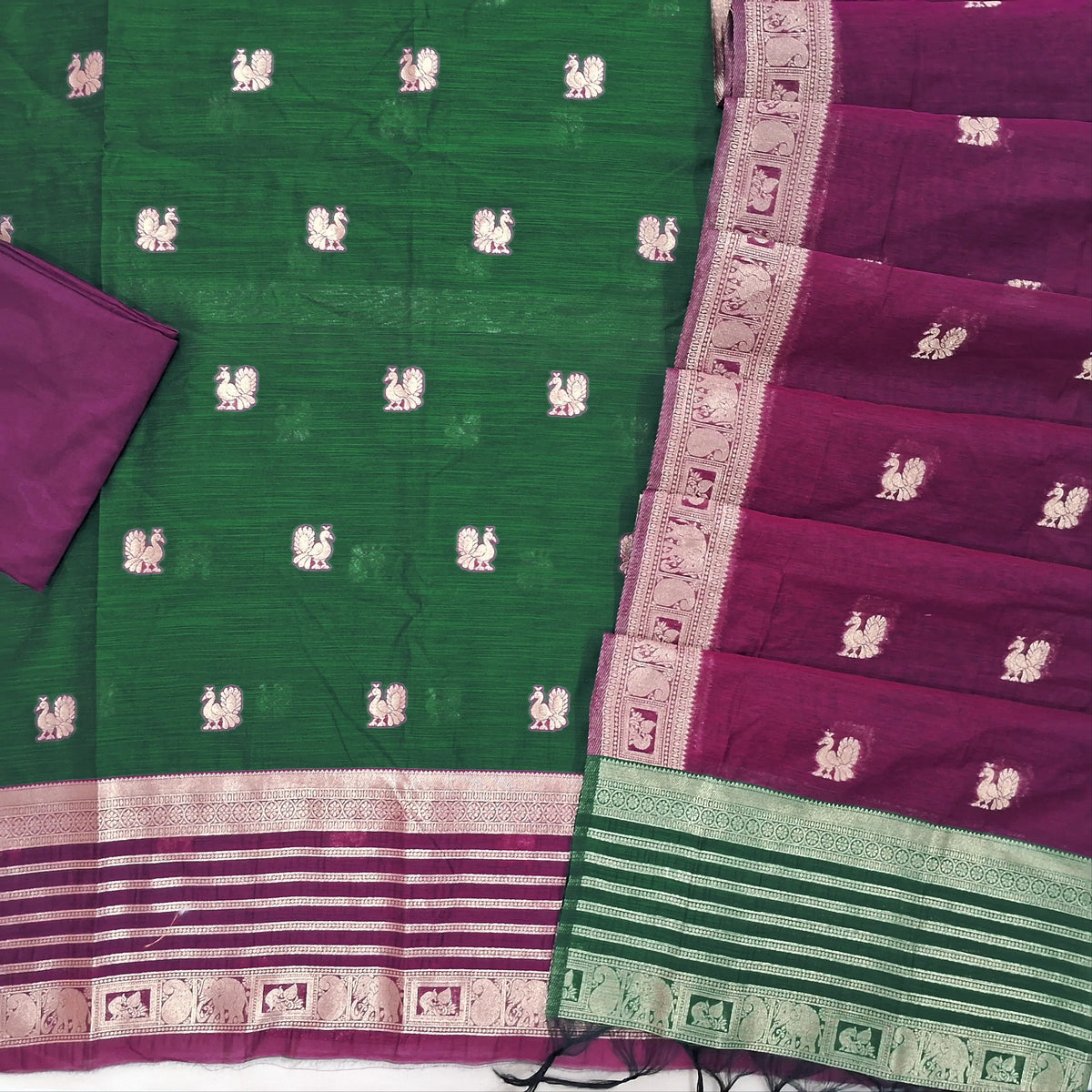 PRE ORDER SHIPPING AFTER 1 WEEK Bottle green with rani pink silk cotton benarasi zari woven unstitched salwar material, zari weaving on daman and front (Lightweight, Lining Needed) silk cotton bottom, zari wove silk cotton dupatta. SP261702