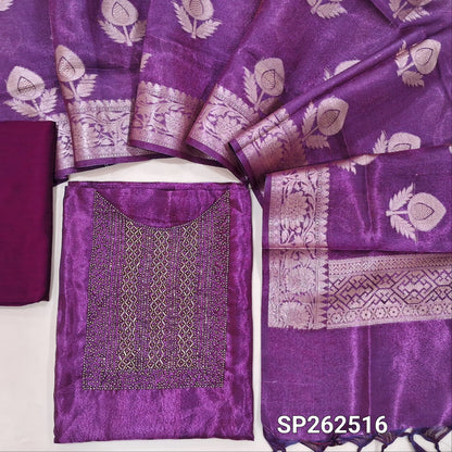 Purple tissue silk cotton unstitched salwar material,cut bead and sugar bead on yoke,(lining needed) silk cotton bottom,benarasi zari woven on tissue silk cotton dupatta with rich pallu. SP262516