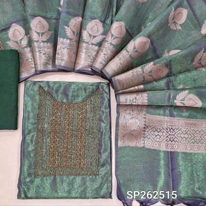 Green&purple shade tissue silk cotton unstitched salwar material,cut bead and sugar bead on yoke,(lining needed) silk cotton bottom,benarasi zari woven on tissue silk cotton dupatta with rich pallu. SP262515