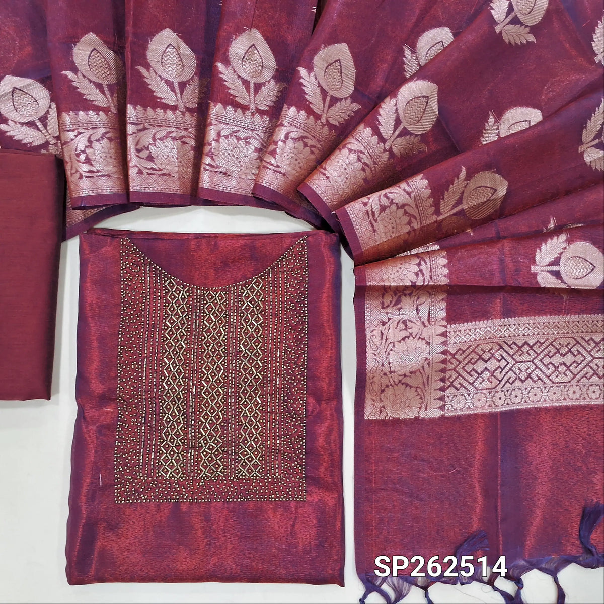 Purplish pink shade tissue silk cotton unstitched salwar material,cut bead and sugar bead on yoke,(lining needed) silk cotton bottom,benarasi zari woven on tissue silk cotton dupatta with rich pallu. SP262514