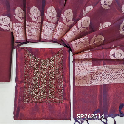Purplish pink shade tissue silk cotton unstitched salwar material,cut bead and sugar bead on yoke,(lining needed) silk cotton bottom,benarasi zari woven on tissue silk cotton dupatta with rich pallu. SP262514