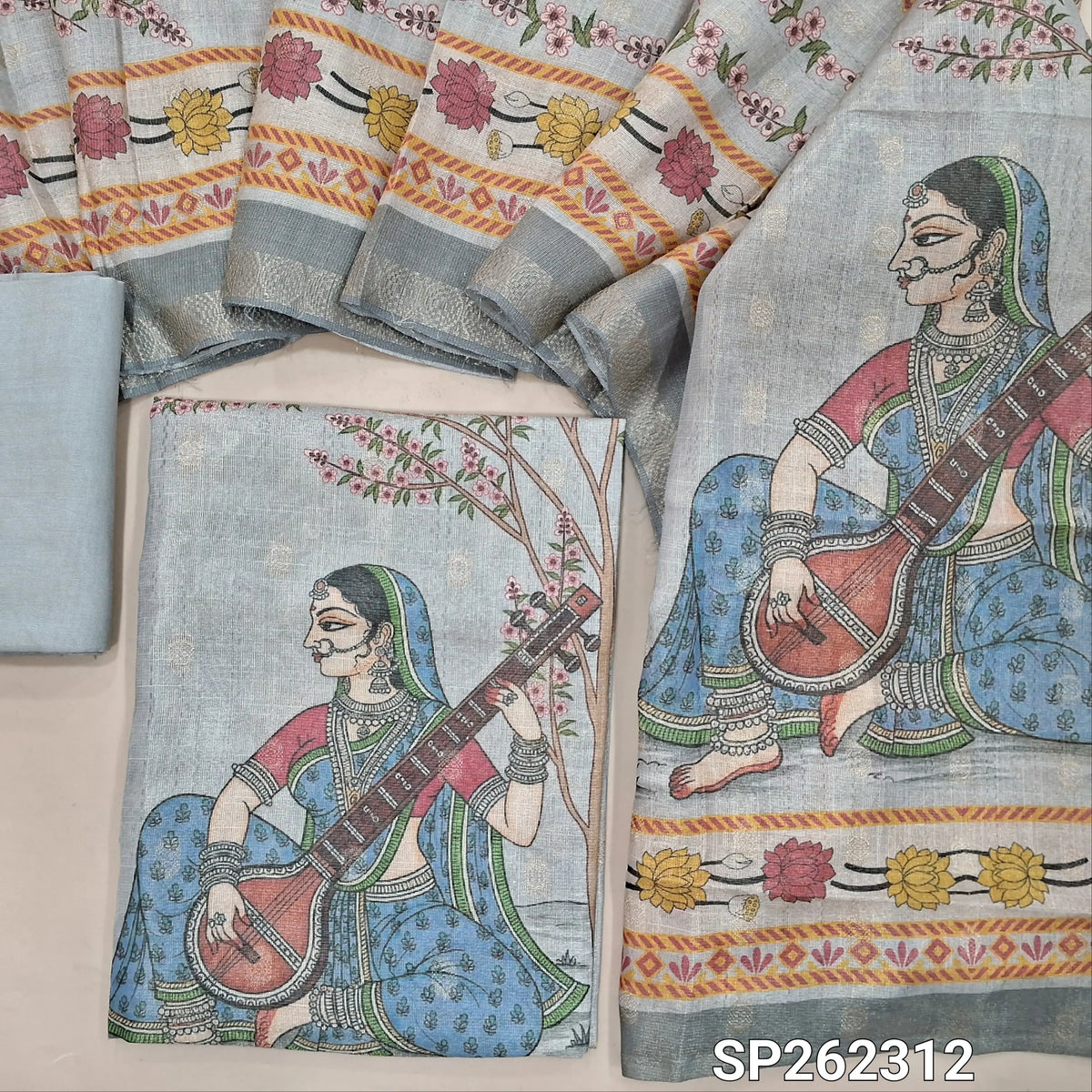 Silver grey soft tissue silk cotton digital printed unstitched salwar material, zari buttas all over (Shiny, Lining Needed)matching spun cotoon bottom, tissue silk cotton dupatta. SP262310