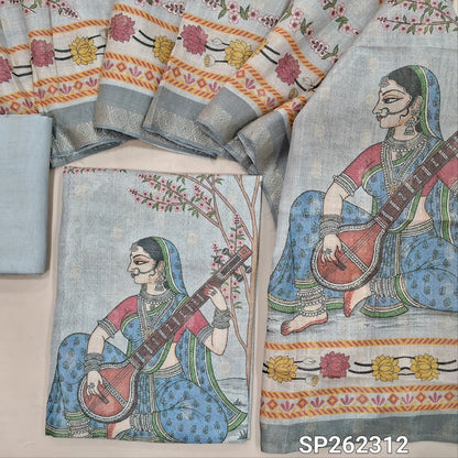 Silver grey soft tissue silk cotton digital printed unstitched salwar material, zari buttas all over (Shiny, Lining Needed)matching spun cotoon bottom, tissue silk cotton dupatta. SP262310