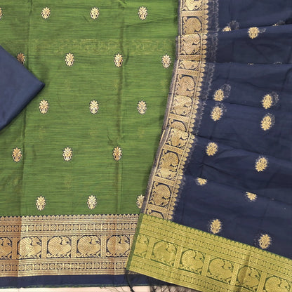 Olive green premium silk cotton unstitched salwar material,buttas all over benarasi zari weaving daman, (lining needed)dark blue silky bottom,buttas on silk cotton dupatta with pallu and borders. SP261806